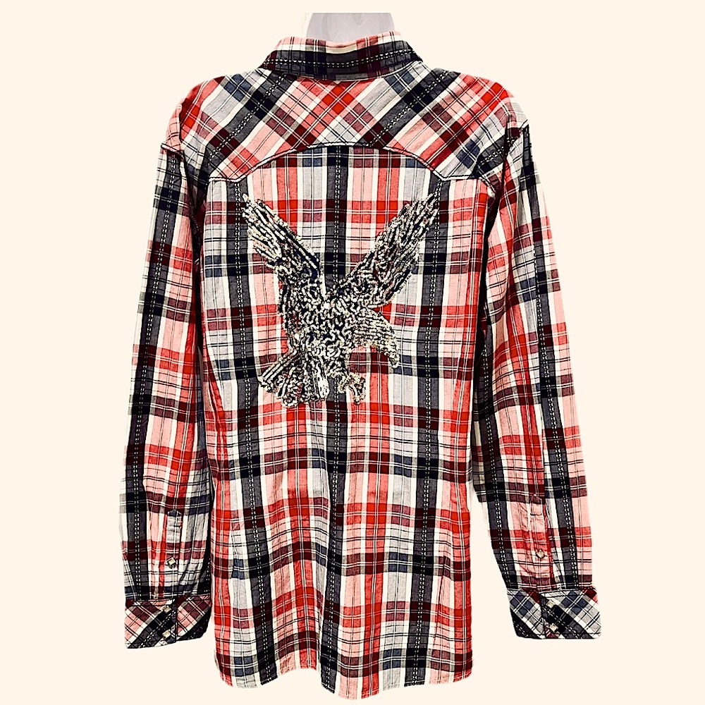 Ariat Rodeo Cowgirl Red Plaid Western Pearl Snaps,Silver Sequin USA 🇺🇸 Plus 2X